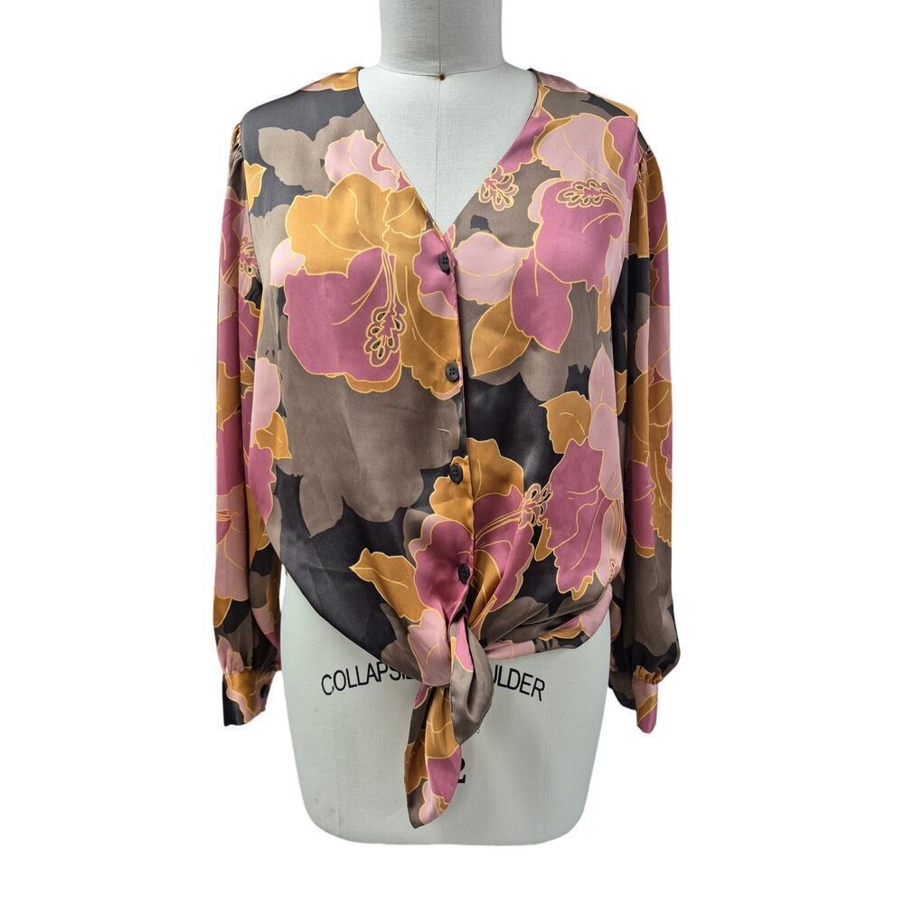 NWOT DR2 Romantic Satin Floral Blouse Tie Waist Button Down Balloon Sleeve Sz L